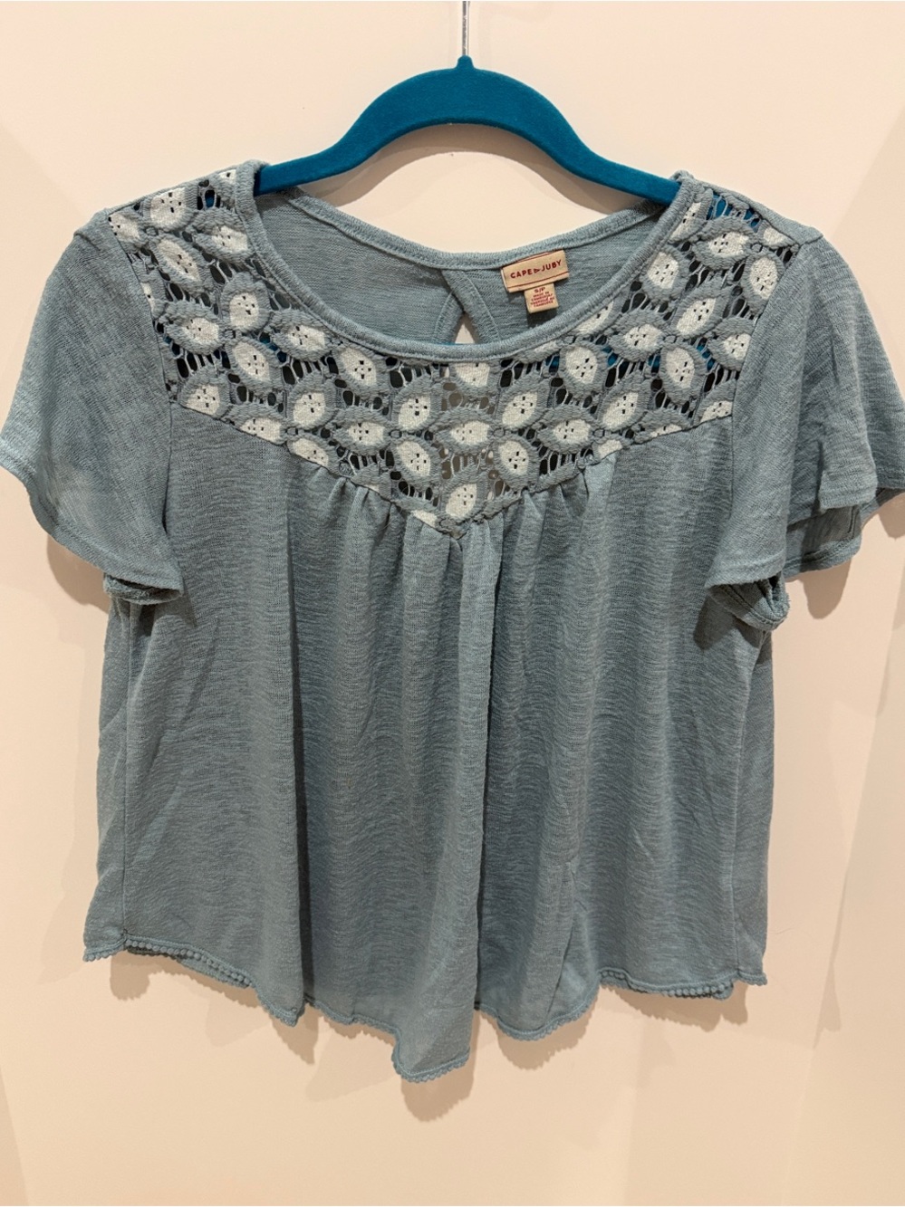 Cape Juby Light Blue Crochet Yoke Short Sleeve Top